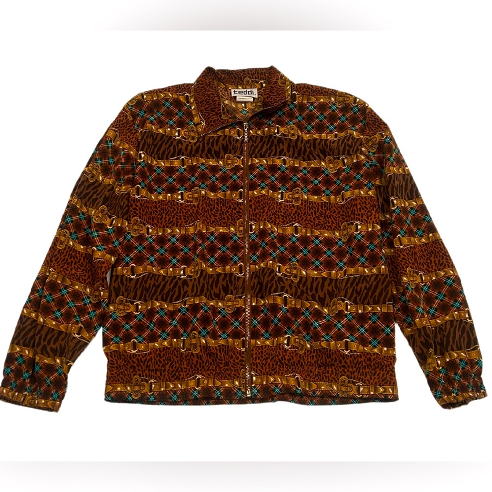 Vintage Teddi Mixed Print Cheetah Plaid Chain Jacket | Brown/Multi | Size M